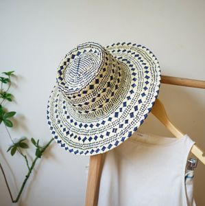 A062701 Nouveau Chapeau de Soleil en Paille à Motif pour les Vacances Bleu+Beige Chapeau <span class=keywords><strong>Jazz</strong></span> Polyvalent d'Été - Product Image 1