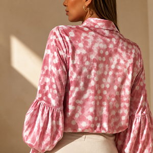 Women's Pink Polka Dot Chiffon Blouse With <b>Balloon</b> Sleeves Shirt Collar Loose Fit Spring Summer Sweet Style Top - Product Image 2