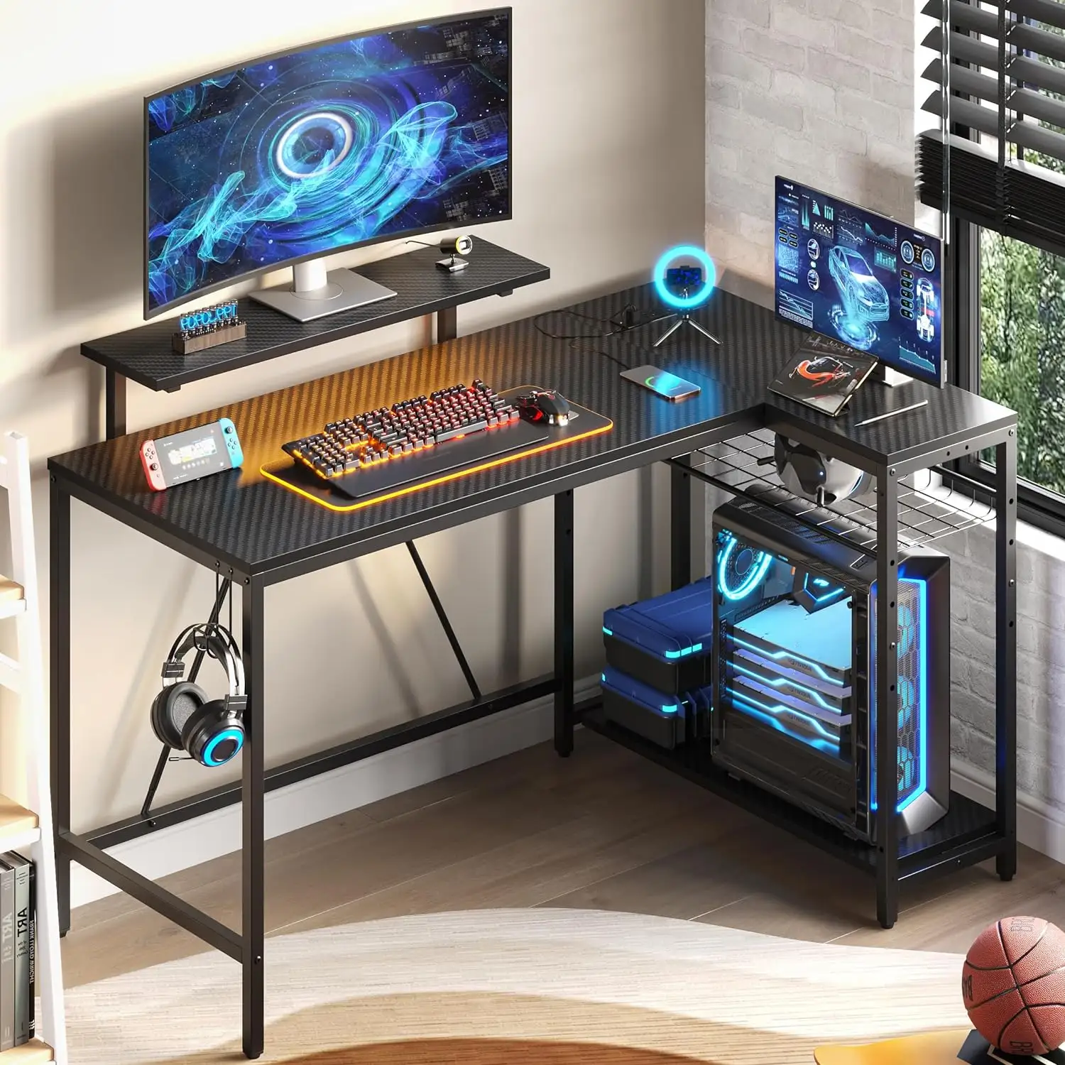 Petit coin bureau de jeu en forme de L avec prises de courant Table d'ordinateur réversible avec lumières LED Support de moniteur pour bureau à domicile