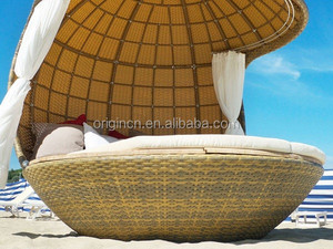Meubles de jardin d'extérieur en rotin de forme ronde tropicale, lit de soleil en forme de cocon avec auvent - Product Image 4
