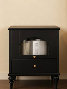 Premium Black Solid Wood Nightstand French Vintage Fluted Glass Door 2-tier Storage Bedroom Furniture Stable Turned Legs <b>Bedside</b> - Product Image 5