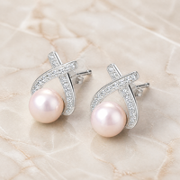 Anting-anting Mutiara dan Zirkon Perak Sterling 925 Bentuk Wishbone X Perhiasan Fashion Wanita Sehari-hari