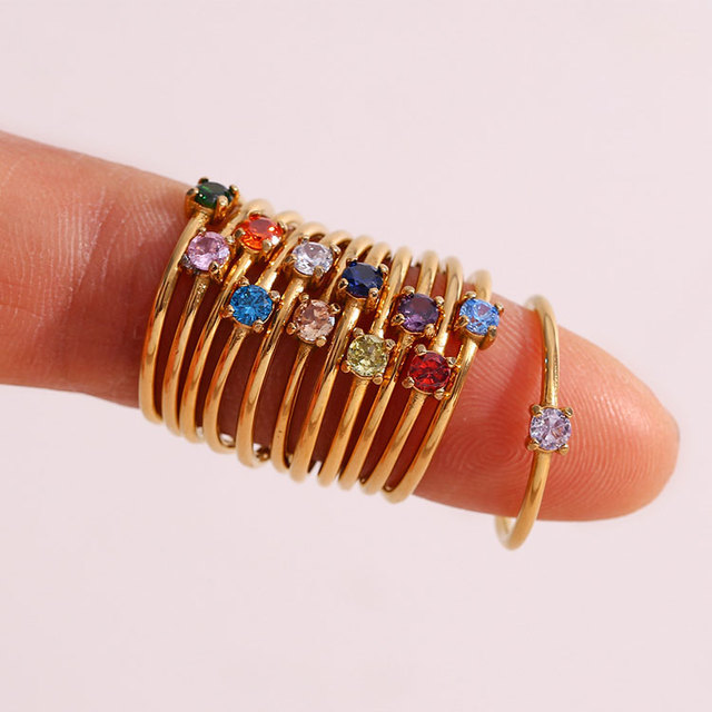 SC Dainty 12 Colors Single Diamond Birthstone Rings Women Stackable Thin 18K Gold Plated Stainless Steel Finger Rings for Girl