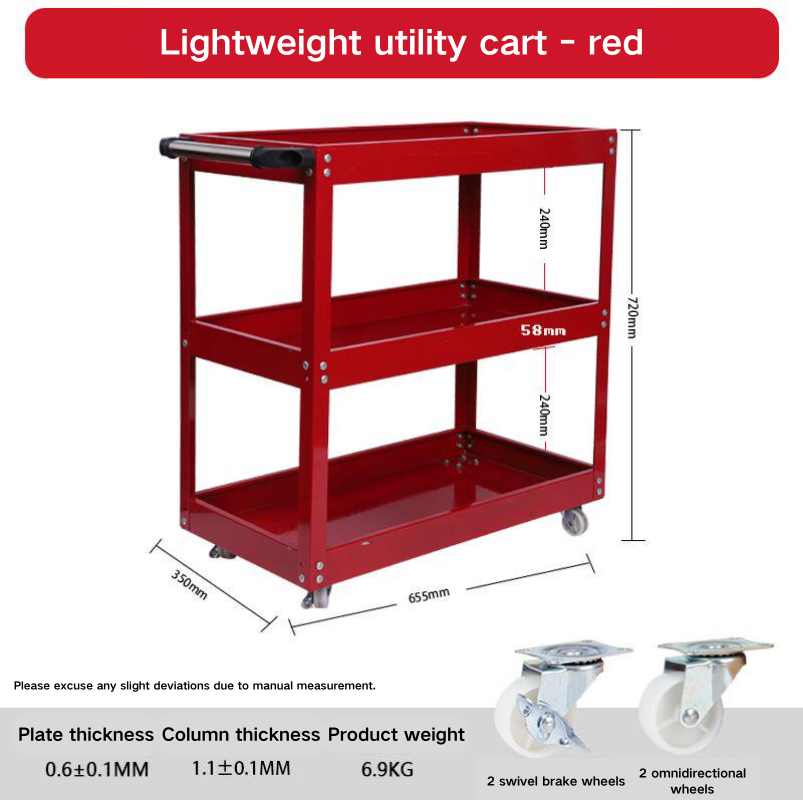 Chariot à outils économique à 3 niveaux, double face rouge, avec roues blanches