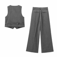 Ensemble Printemps Nouveau Gilet Boutonné Femme + Pantalon Large Taille Haute Décontracté Vintage à Plis et Braguette Zippée pour Femmes Mujer