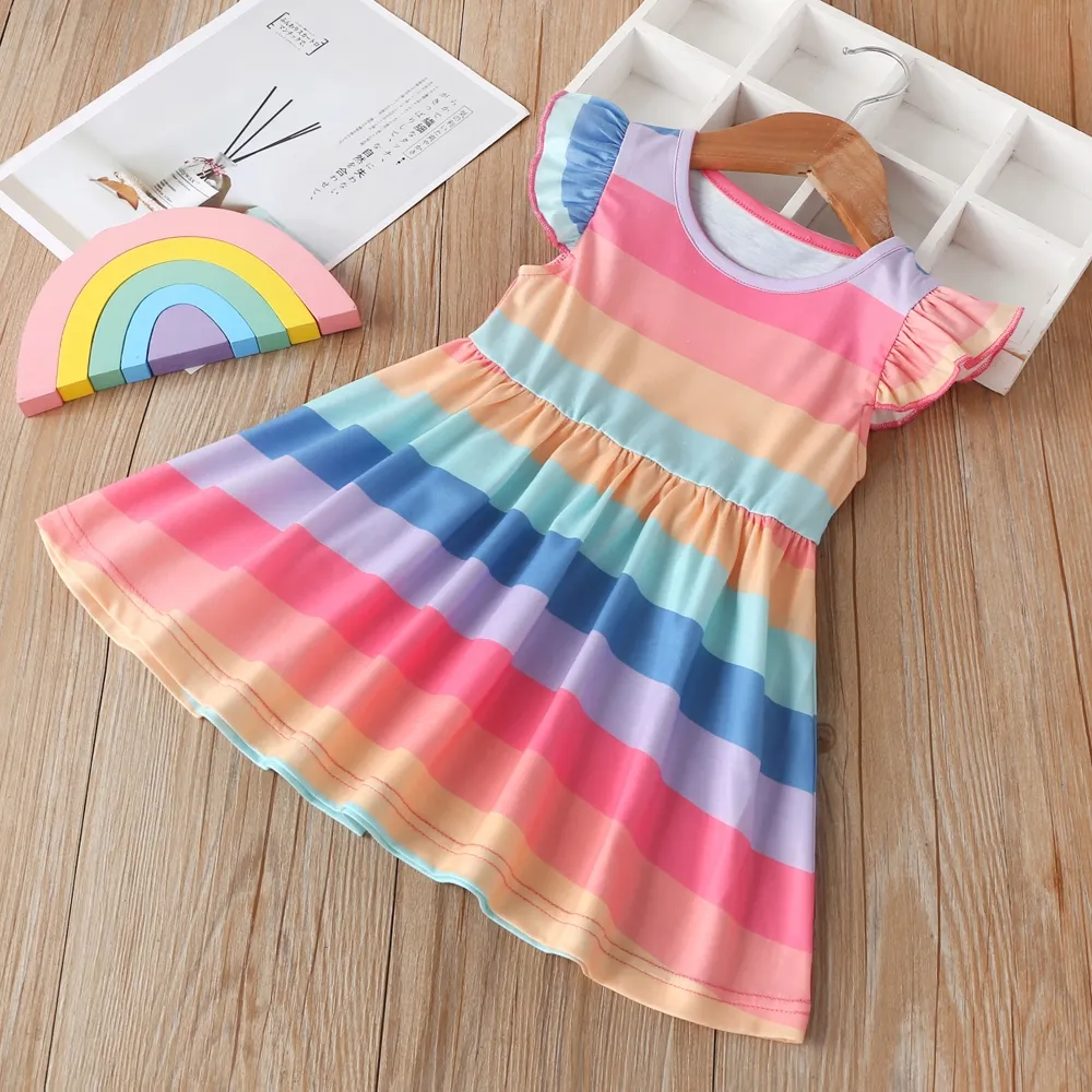 Nuovo Appena Nato Vestiti Del Bambino Vestito Della Ragazza di Estate Abbigliamento Per Bambini In Cotone Colorato Arcobaleno A Righe Senza Maniche Principessa Abiti Maglia 0-5Y