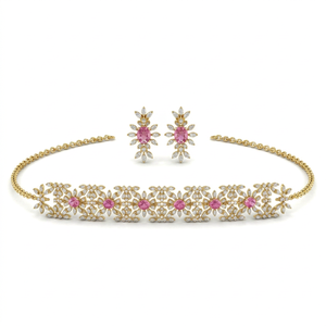 Women's 14K Solid Gold Jewelry Set <b>Pink</b> Tourmaline Diamond Floral <b>Necklace</b> Earrings Wedding Party Romantic Style for Certified - Product Image 1