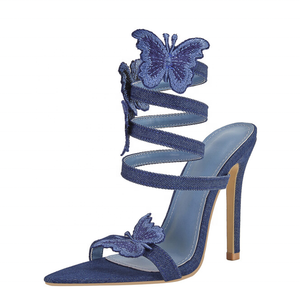 Sandalias de tacón alto de mezclilla con tiras cruzadas al tobillo para mujer, estilo sexy, con punta abierta y tacón de aguja - Product Image 6