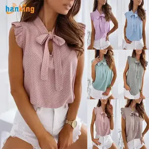 Mujeres verano elegante volantes sin mangas Polka Pot Lace Up Tie Bow blusas y camisas Oversize Tops Sexy pulóver túnica J0126