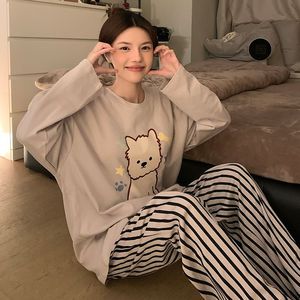Set piyama katun wanita, penutup leher bulat lengan panjang saku ganda kartun rumah lucu musim semi