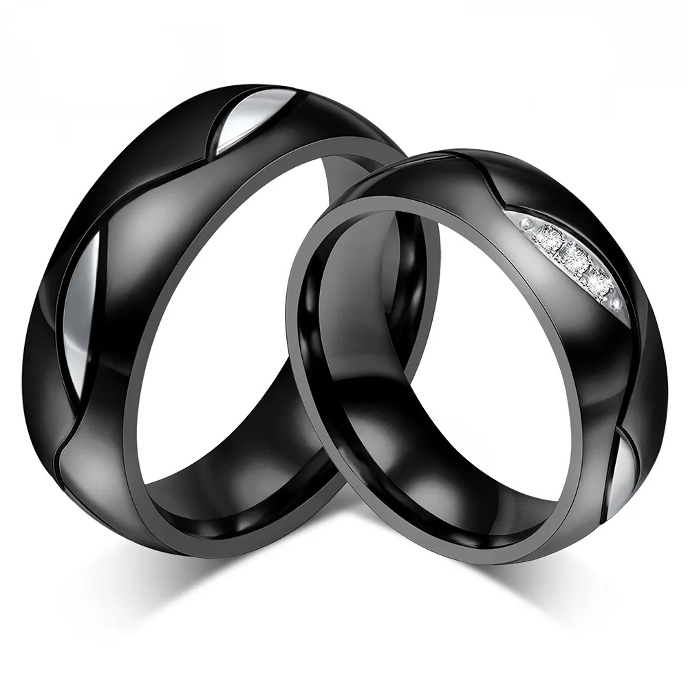Black 316l Stainless Steel Wedding Ring for Lover Couple Ring Cubic Zirconia Engagement Rings Fashion Jewelry