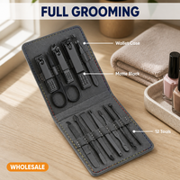 Ensemble de manucure avec outils en acier au carbone, étui gris texturé pour maquillage, soins des ongles et outils essentiels