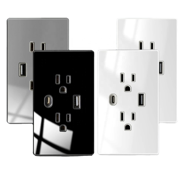 US Standard Usb C Wall Outlet ,Socket With TYPE-C 20W Fast Charging,American Standard White/Black/Gray Tempered Glass Panel Plug