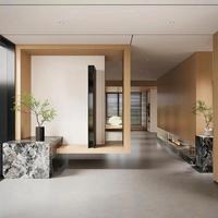 Meuble à chaussures d'entrée intégré en bois grainé sur mesure, avec décor à flûtes verticales, table console murale flottante pour hall d'appartement