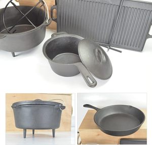 Scatola di legno <span class=keywords><strong>Set</strong></span> di pentole 6 pz forno olandese in ghisa pre-stagionato <span class=keywords><strong>Set</strong></span> di pentole per campeggio all'aperto Cook fabbrica OEM - Product Image 4