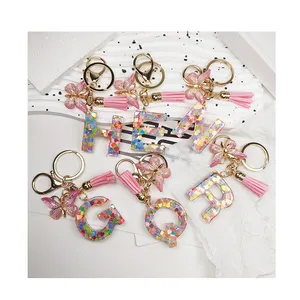 Love Sequin Butterfly Acrylic 26 English Initial Letters Tassel Keychain Girls Gift Colorful Stone Alphabet Key Chains