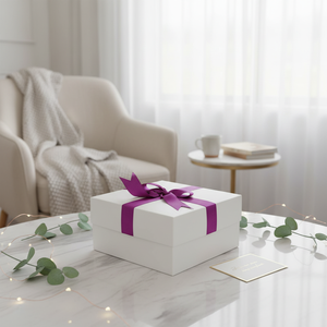 White <b>Empty</b> <b>Gift</b> <b>Box</b> with 1% Fuchsia Ribbon Coverage Stylish Elegant and Chic Presentation - Product Image 3