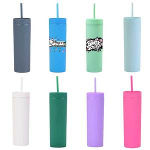 Gobelets en plastique réutilisables avec paille, 16oz, 450ml, mince, mince, acrylique, Pastel, coloré, mat, vente en gros - Product Image 4