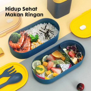 Double Layer Wheat Straw Bento Box With Utensils Portable Lunch Box For Students <b>Microwaveable</b> Rectangle Solid Color - Product Image 3