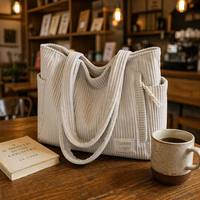 Sac fourre-tout en velours côtelé rayé avec logo personnalisé, léger, grande capacité, sac à main à bandoulière avec fermeture éclair pour femmes, usage quotidien
