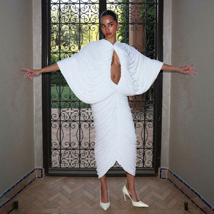 Vestido Midi Blanco Elegante, <span class=keywords><strong>Sexy</strong></span>, Fruncido y Transparente - Espalda Descubierta, Estilo Bodycon, Manga Larga, para Eventos Nocturnos y Clubes - Product Image 4