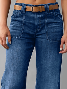 Jeans de Mujer Azul Cobalto con Bolsillos Delanteros Grandes, Estilo Holgado, Elegante y Casual para Damas - Product Image 3