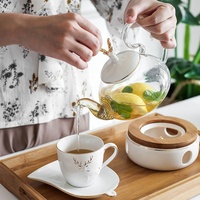 Boîte cadeau noire moderne tasse soucoupe en porcelaine de luxe ensembles de base chauffante service à thé en céramique avec théière en verre