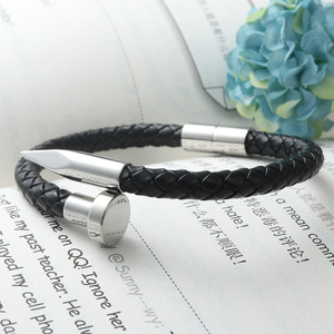สร้อยข้อมือหนังไทเทเนียมสตีลสีดำทรงกลมแบบถักเป็นของขวัญเครื่องประดับ - Product Image 4