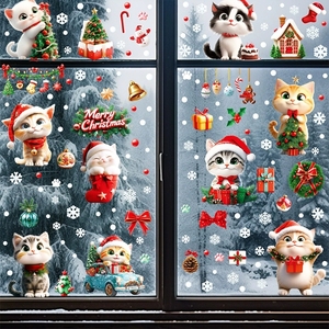 Juego de 9 Adhesivos Estáticos para Ventanas con Diseño de Gatos Navideños, con Lazos Rojos, Estrellas y Copos de Nieve, para Decoración Navideña de Vidrio - Product Image 2