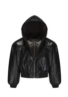 Blouson Bomber en Cuir PU à Capuche Deux Pièces Unisexe Hiver Style Américain Rétro Coupe Ample avec Logo Avant
