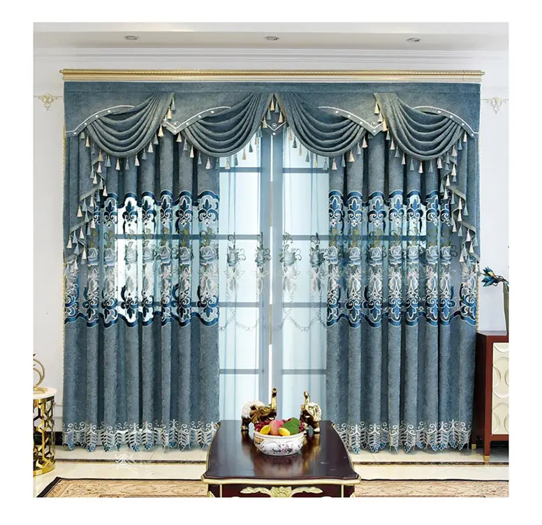 Conceptions en gros bleu broderie chenille tissu élégant rideaux de luxe pour le salon chambre