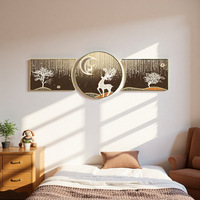 Triptyque mural moderne de luxe léger, encadré en bois massif et porcelaine cristalline, motif ciel étoilé et élan, pour fond de canapé