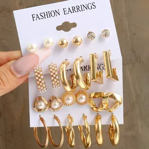 金属耳环女性时尚几何珍珠圆环耳环潮流套装时尚珠宝耳钉黄金定制时尚