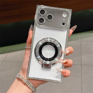 <b>CD</b> Diamond Frame Magnetic holder Square Phone case for iPhone 17 16 15 14 Pro Max Frosted Moire <b>stand</b> bling Bracket Back Cover - Product Image 5