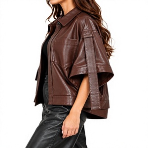 Women Brown PU Leather Utility Jacket Short Sleeve Batwing Turn-down Collar Single <b>Button</b> Solid Color - Product Image 2