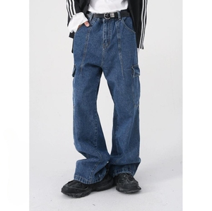 Pantalones vaqueros multibolsillos personalizables y en stock, pantalones cargo anchos de estilo urbano, vaqueros holgados de pierna recta para hombre y mujer - Product Image 2