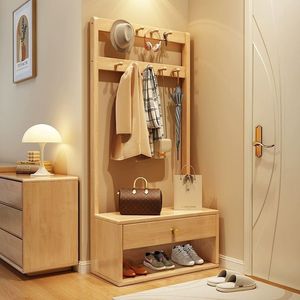 Perchero de madera maciza con estante de almacenamiento y zapatero para entrada y dormitorio, 60x38x168cm, color nogal, moderno y sencillo - Product Image 4