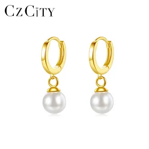 CZCITY anting klip 2024 mutiara bulat kaca putih anting-anting Hoop bulat emas tetesan 925 Hawaii