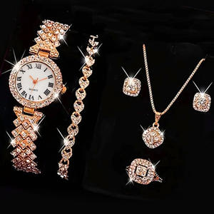 Conjunto de Joyería de Moda para Mujer, Chapado en Oro Romano, <span class=keywords><strong>con</strong></span> Zirconia, Reloj, Collar, Aretes, Anillo y Pulsera, 5 Piezas, para Boda - Product Image 2