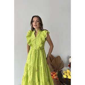 Vestido Verde Oliva con Volantes, Corte en A, Cintura Natural, Tejido Transpirable, Informal, para Uso Diario - Product Image 3
