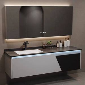 Modern Seamless Sintered Stone <b>Bathroom</b> <b>Vanity</b> with Integrated Ceramic Basin, Waterproof Oak <b>Bathroom</b> Cabinet Set - Product Image 3