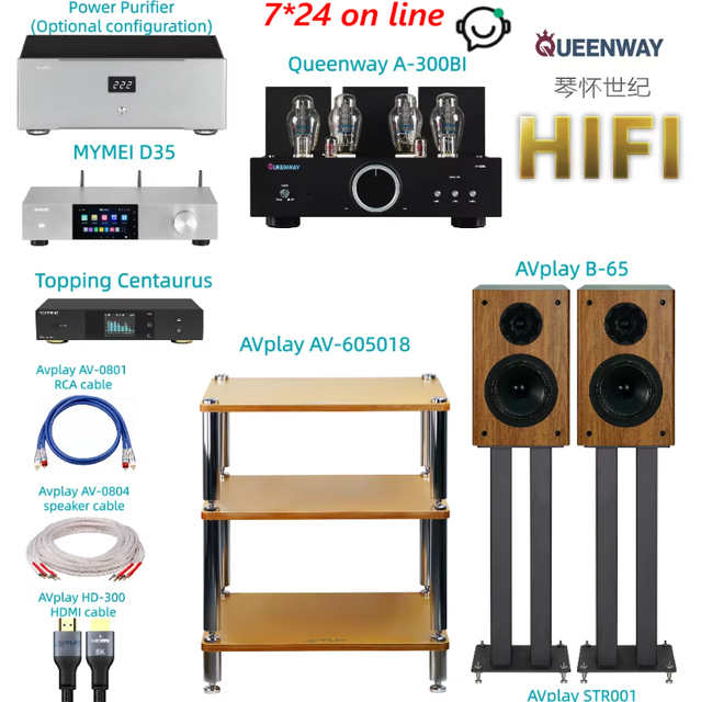 QUEENWAY AVPLAY HiFi Set with Tube Amplifier Bookshelf Speakers HiFi Digital Player DAC Decoder Complete Audio System Set