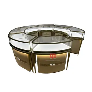 High End Customized Jewelry Display Case Curved Glass Metal Wood Grain Paint Display Cabinet Jewelry Store Showcase And Counters