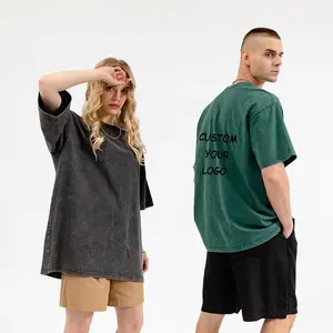 Camiseta holgada de 260G para hombre, camiseta de gran tamaño de 100% algodón, camiseta Vintage lavada con logotipo personalizado, Unisex - Product Image 1