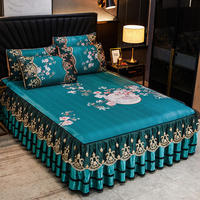 Ensemble de jupe de lit rafraîchissante en soie de glace brodée de 3 pièces de style moderne avec draps plats ajustés pour une utilisation en toutes saisons