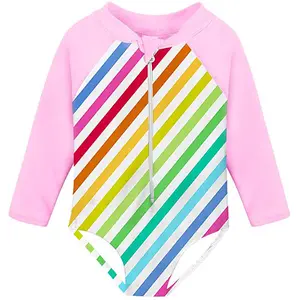 儿童夏季长袖舒适拉链防皮疹上衣儿童一体式彩虹女孩泳衣