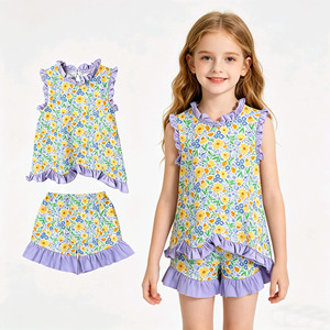ชุดเซ็ตเสื้อผ้าเด็กผู้หญิงลายดอกไม้พิมพ์ลายลำลองสำหรับฤดูร้อน ผ้าฝ้ายผสมสแปนเด็กซ์ แต่งระบาย ขายส่ง ชุดคู่สำหรับพี่น้อง - Product Image 1