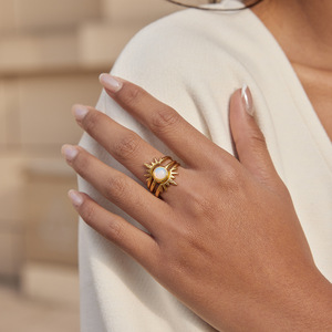 Sun Shape Gold Tone <b>Ring</b> With <b>Opal</b> Stone Bezel Setting Unisex Jewelry Gift - Product Image 4