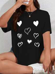 T-Shirt da Donna per San Valentino con Cuore in Strass e Perle Finte, Vestibilità Ampia, Cotone, Manica Corta, Casual, Primavera-Estate, Collo Tondo - Product Image 3