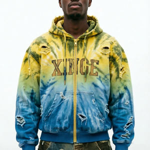 Custom High Quality Acid Washed Vintage Faded Distressed 500gsm Hoodie Hooded Zip up Denim Canvas Boxy <b>Workers</b> <b>Jacket</b> Sweatshirt - Product Image 3